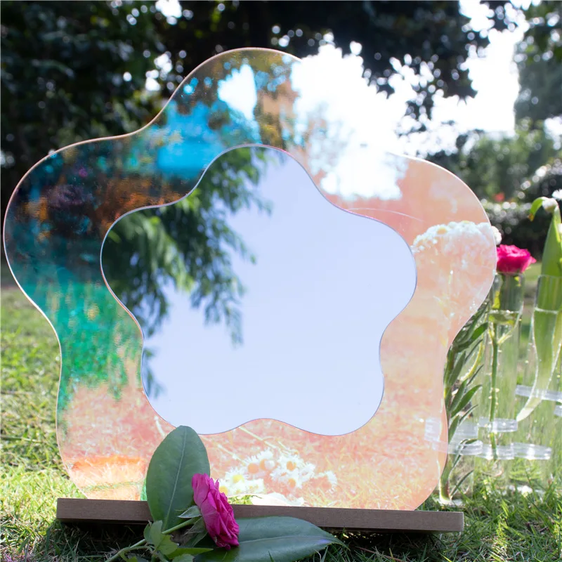 %name Wavy Acrylic Mirror Rainbow Irregular Aesthetic Flower Wall Decorative Mirror Table Standing Make up Mirror Room Home Decoration
