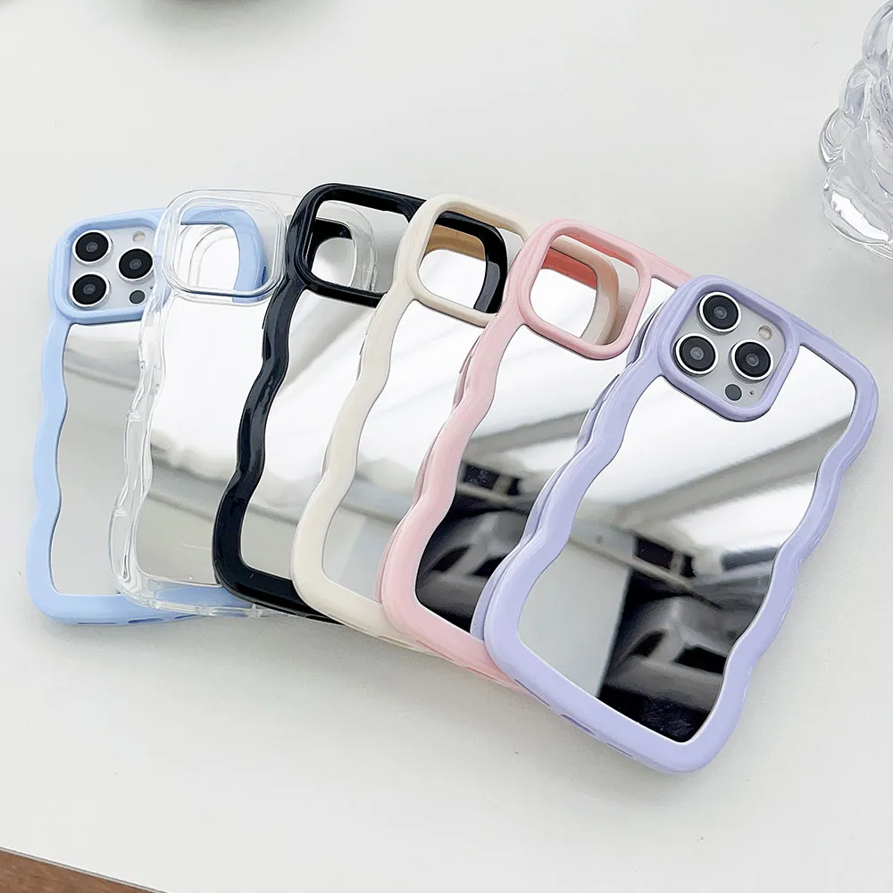 %name Candy Color Wavy Border Makeup Mirror Shockproof Phone Case for iPhone 14 15 Plus 11 12 13 Pro Max Soft Protective Back Cover