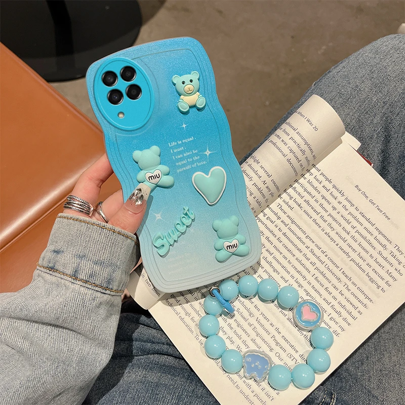 %name Phone Case for Samsung Galaxy M53 A01 Galaxy A24 A34 Galaxy A54 A70 A71 Wavy Gradient 3D Sweet Bear Bracelet Protection Cover