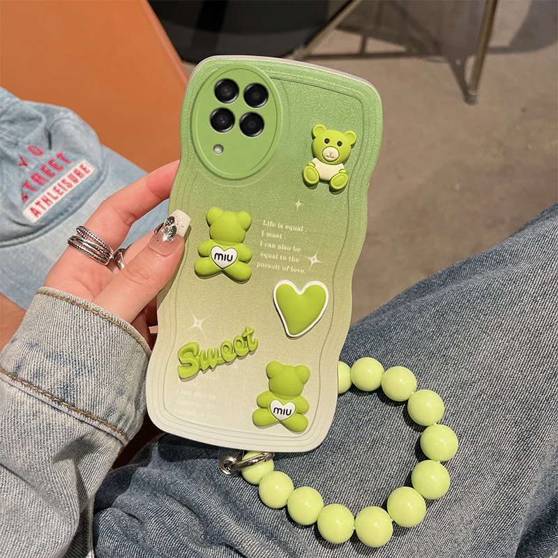 %name Phone Case for Samsung Galaxy M53 A01 Galaxy A24 A34 Galaxy A54 A70 A71 Wavy Gradient 3D Sweet Bear Bracelet Protection Cover